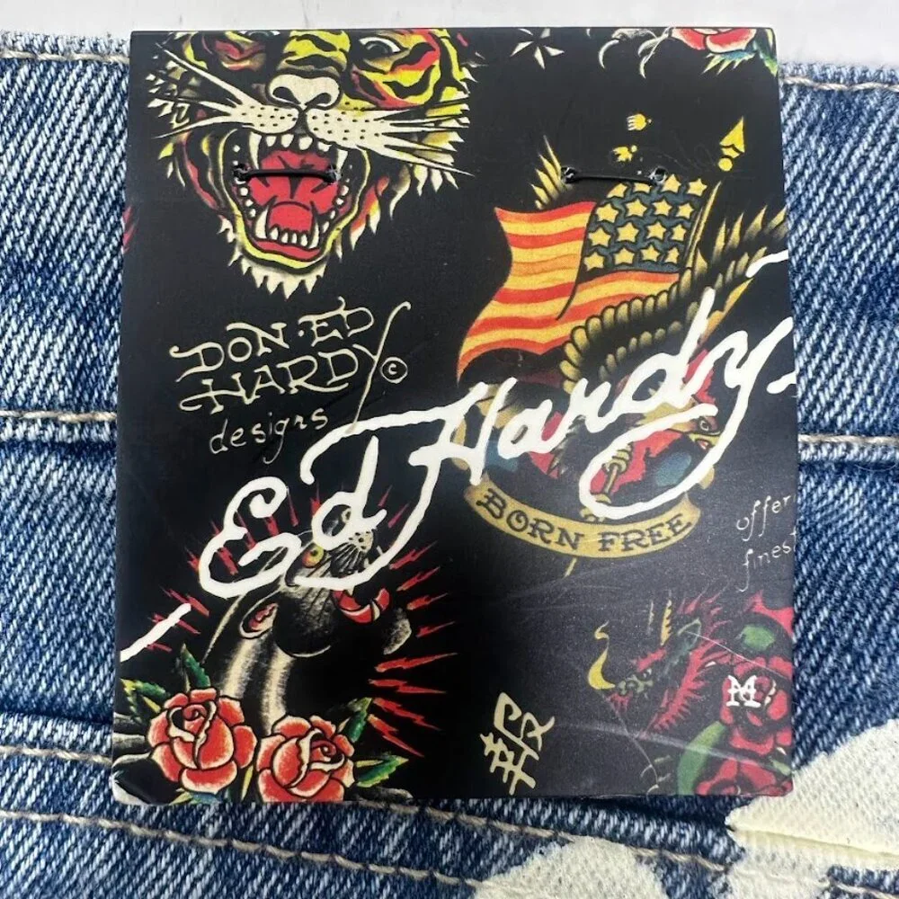New Ed Hardy Tattoo Denim Jean Mini Skirt Size M Y2K Streetwear Edgy Grunge Punk